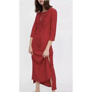 Zara Red Knotted Crochet Neck Maxi Dress Macrame Sheath Column Long Sleeve Small